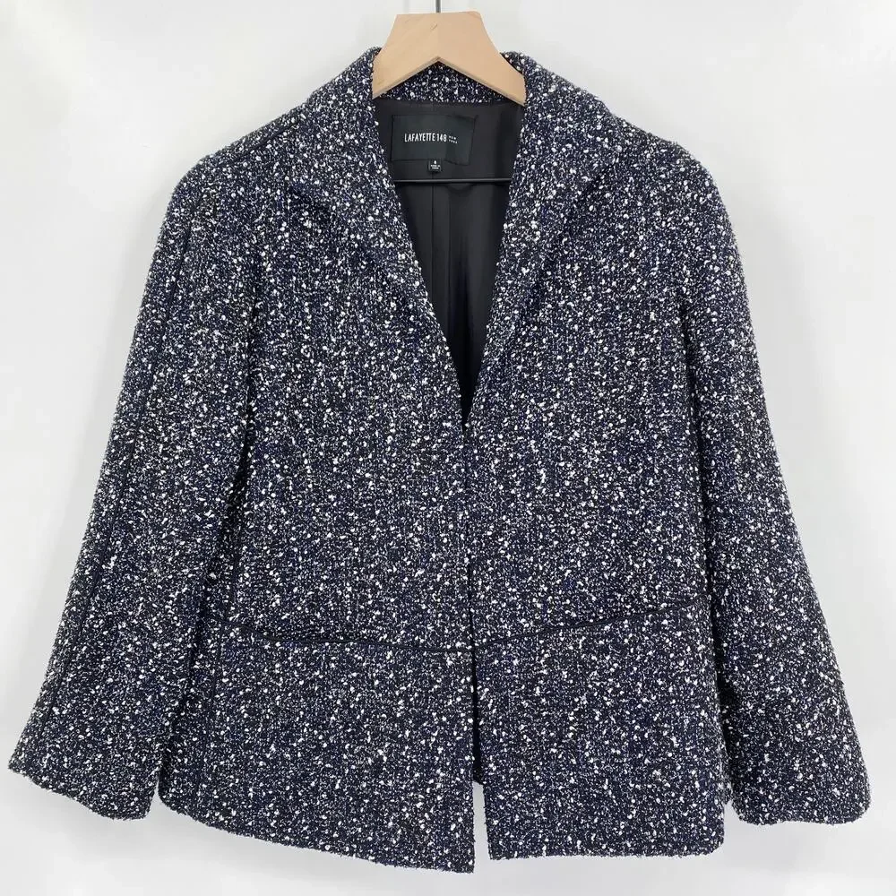 Lafayette 148 Tweed Boucle‎ Wool Blend Blazer Jacket Black Blue White Size 6